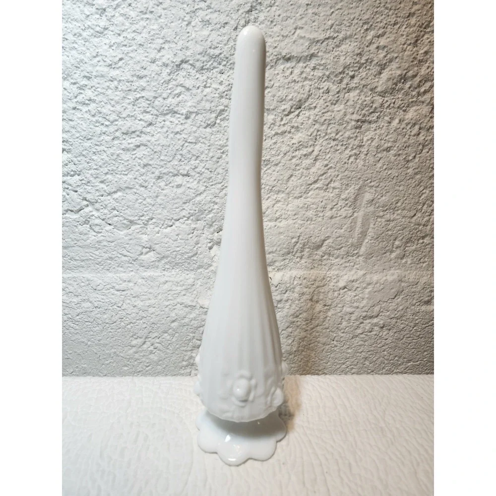 Vintage Fenton white milk glass bud vase, Cabbage Rose Pattern 10